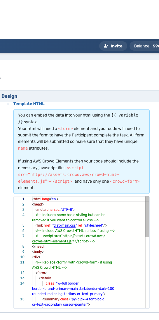 Connect Custom HTML design step with row-data and Crowd HTML guidance